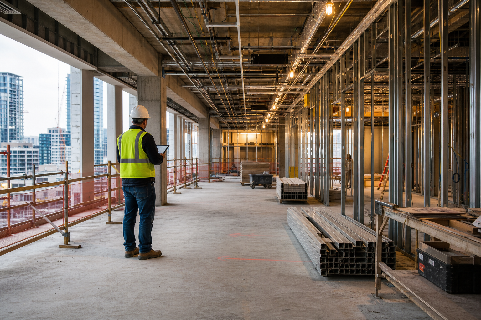 Construction manager reviewing project details inside an active building site