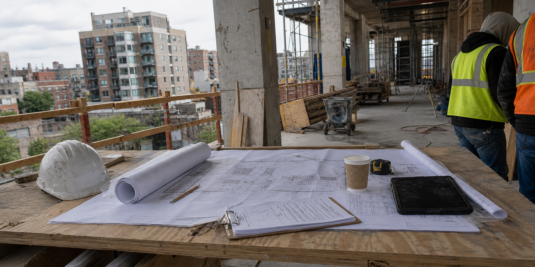 Development professionals reviewing architectural plans on a New York construction site